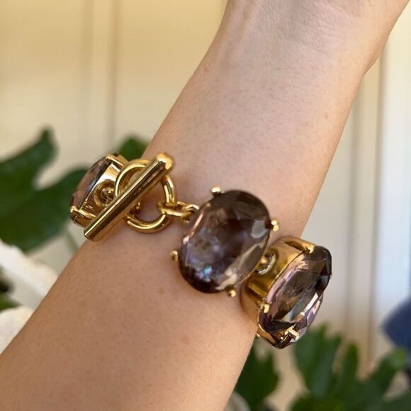 Oscar de la Renta Pink Crystal Gold Mother of Pearl Gold Link Toggle Clasp Brace - Picture 7 of 14